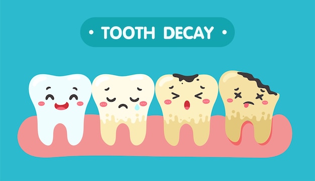 Los dientes de dibujos animados y las encías dentro de la boca están contentos con el problema de la caries dental. hay placa en los dientes.