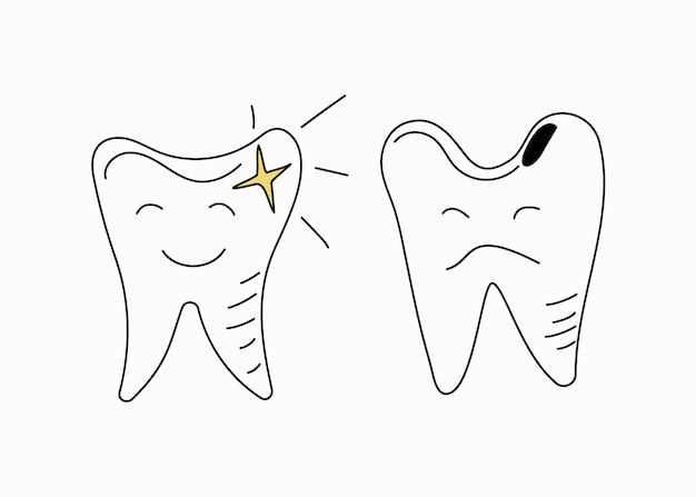 Los dientes están enfermos y sanos Estilo Doodle Placa de dientes dientes blancos brillantes Higiene bucal y dolor de muelas Caracteres vectoriales felices y tristes dentalesx9