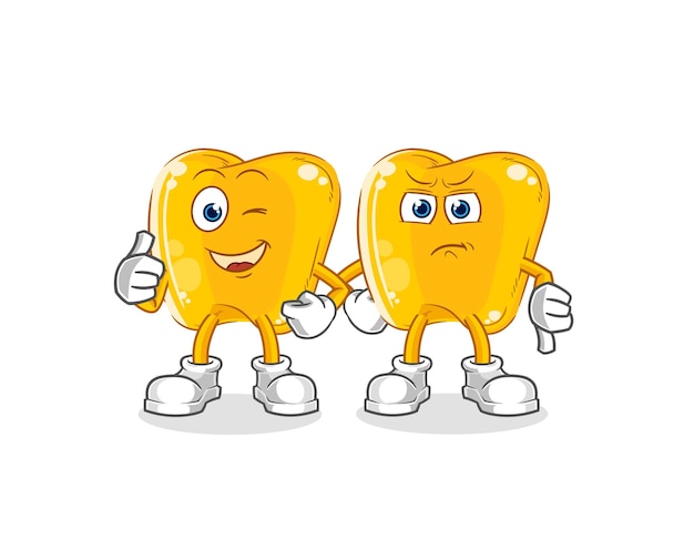 Dientes de oro pulgares arriba y pulgares abajo vector de mascota de dibujos animados