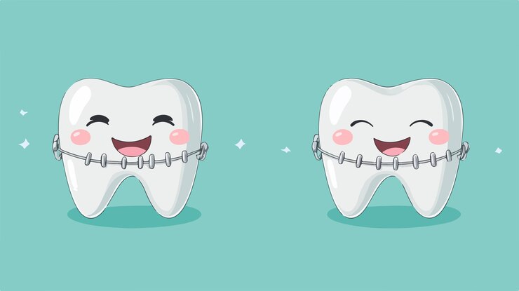 Vector dientes sonrientes y alegres con aparatos ortopédicos en un fondo azul claro