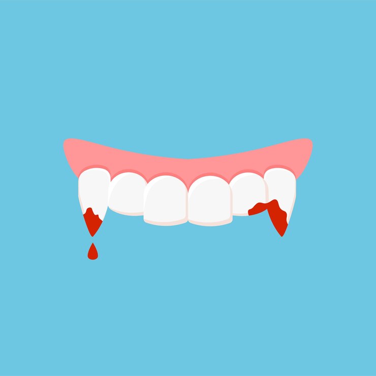 Vector dientes de vampiro en sangre para halloween ilustración vectorial aislada en fondo azul