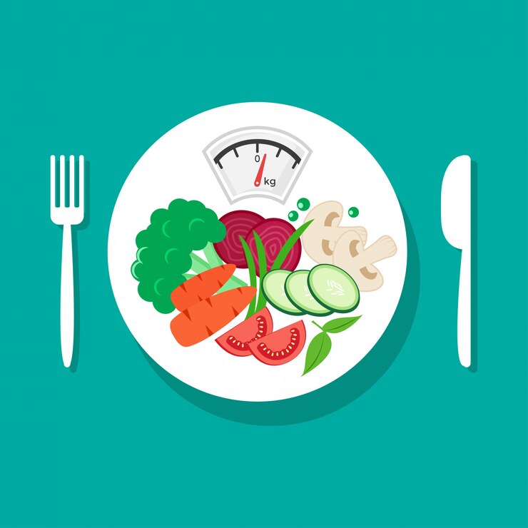 Vector dieta equilibrada. nutrición saludable. verduras frescas en plato blanco, tenedor y cuchillo.
