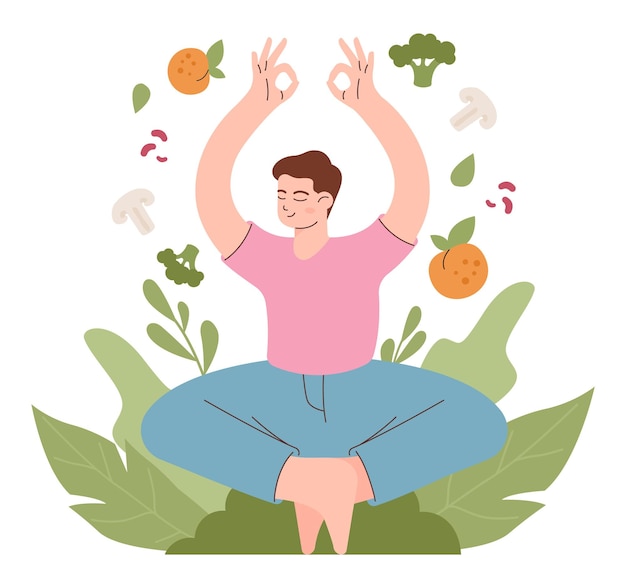Dieta vegana saludable Carácter comiendo verduras frescas frutas y carne