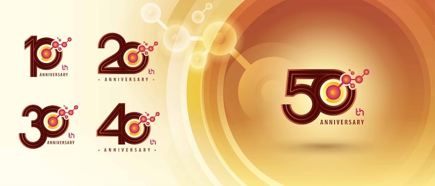 De diez a cincuenta años Logotipo de aniversario para la celebración Abstracto rojo Atomo partícula de estructura de la molécula