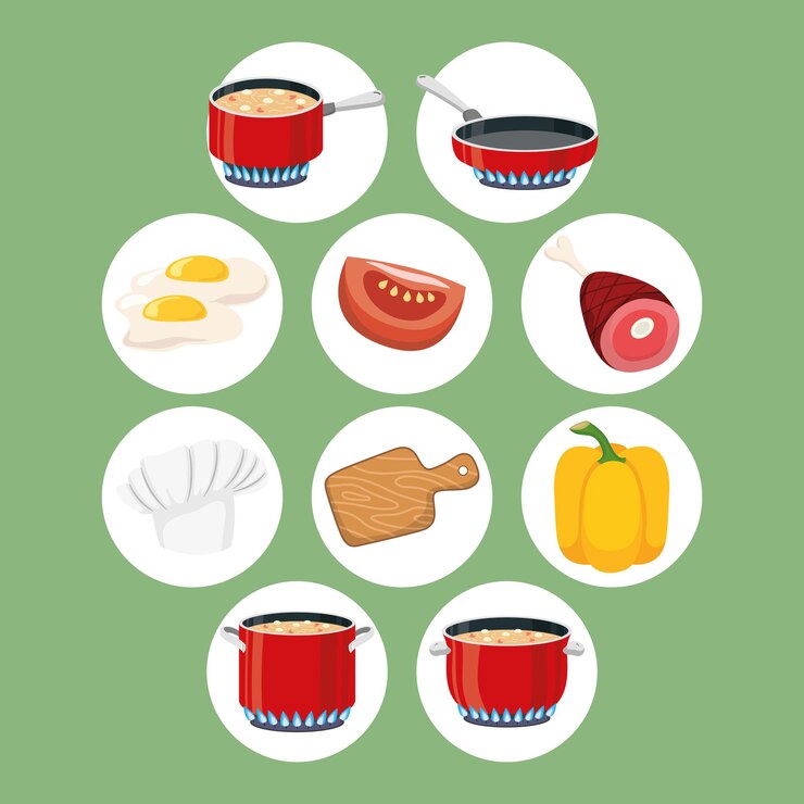 Vector diez elementos de cocina para cocinar.