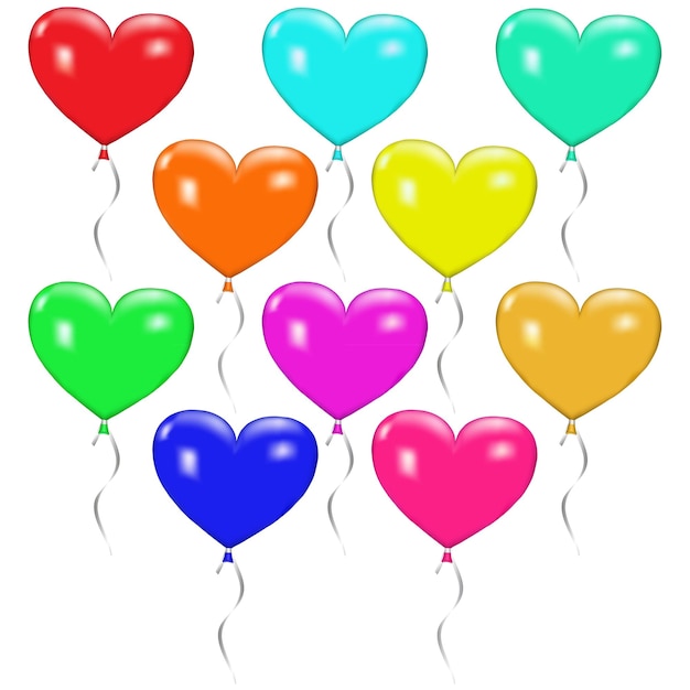Diez globos multicolores en forma de corazones con cintas
