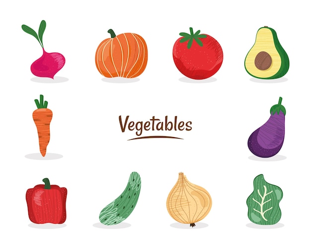 Diez iconos de verduras frescas