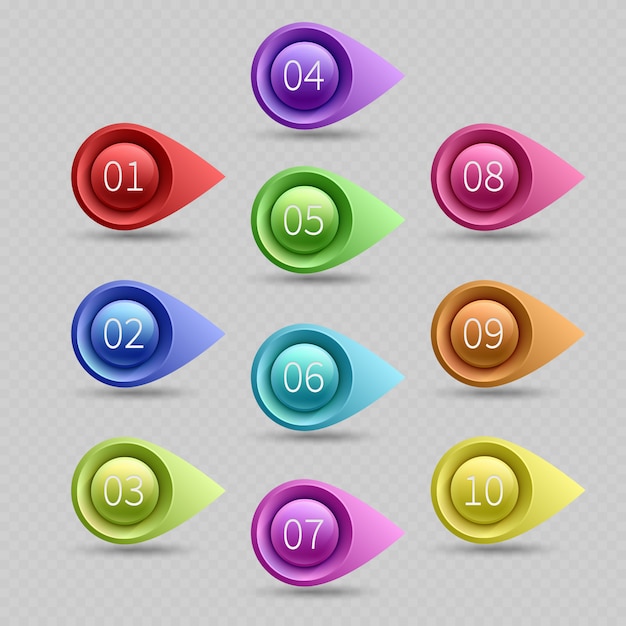 Vector diez puntos de bala color con colección de vectores de números. ilustración de la flecha de punto de bala web