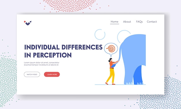 Vector diferencias individuales en las percepciones plantilla de página de destino mujer con los ojos vendados toca una cola de elefante personaje ciego