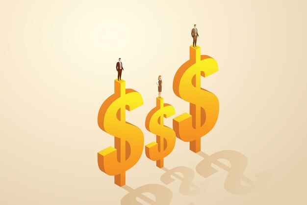 Diferencias de ingresos entre empleados masculinos y femeninos discriminación por desigualdad salarial y brecha de género. Empresarios y empresarias en iconos de dólar. ilustración vectorial isométrica.