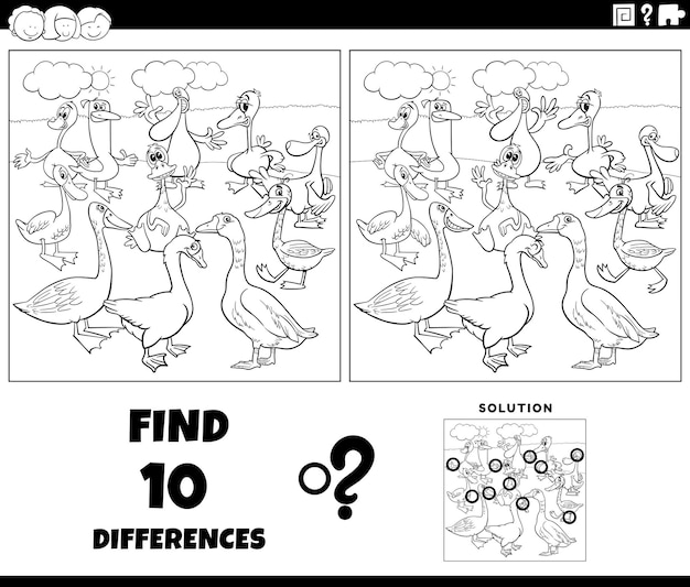 Diferencias del juego con dibujos animados gansos pájaros página de colorear