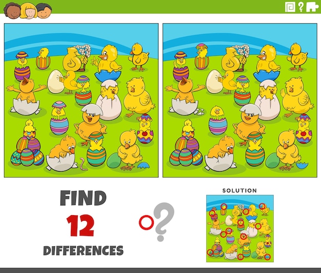 Vector diferencias del juego con dibujos animados pollitos de pascua que eclosionan de los huevos