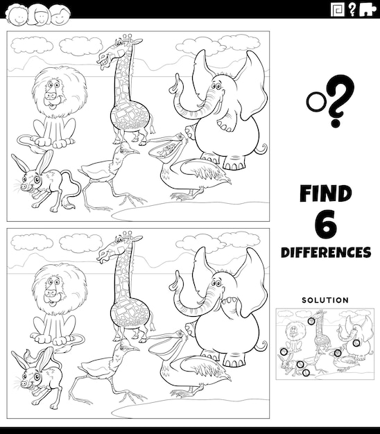 Diferencias juego educativo para niños con animales de dibujos animados para colorear página