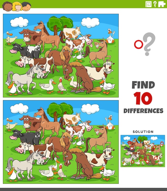 diferencias del juego con el grupo de animales de la granja de dibujos animados