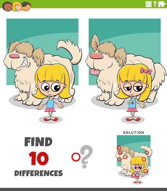 diferencias de rompecabezas con la chica de dibujos animados y su perro peludo