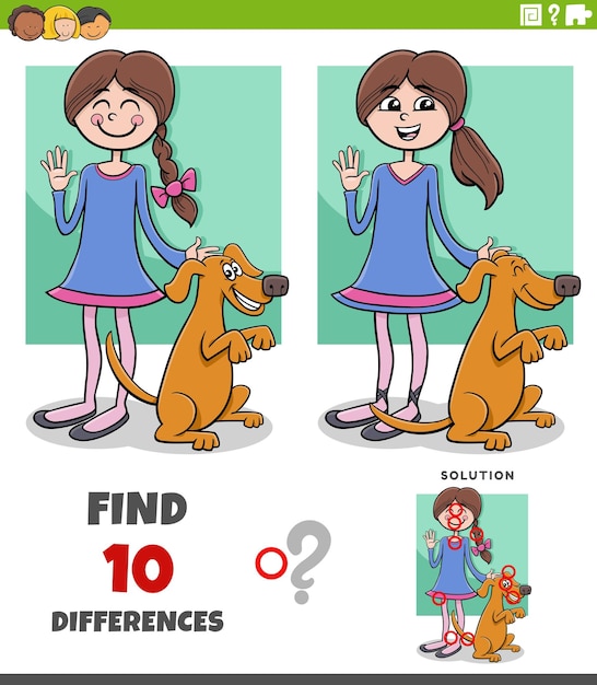 diferencias de rompecabezas con la chica de dibujos animados y su perro
