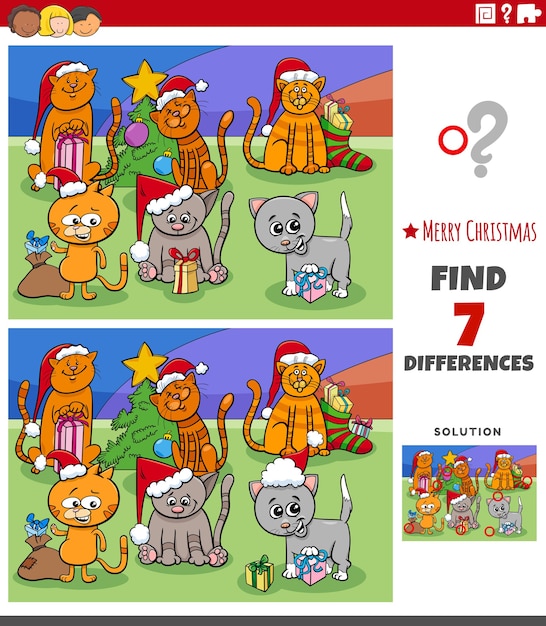 Diferencias tarea educativa para niños con gatos en Navidad.