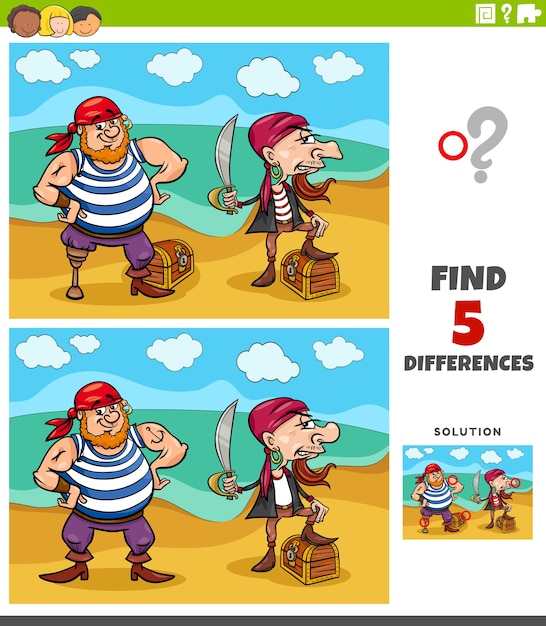 Vector diferencias tarea educativa para niños con piratas y tesoros.