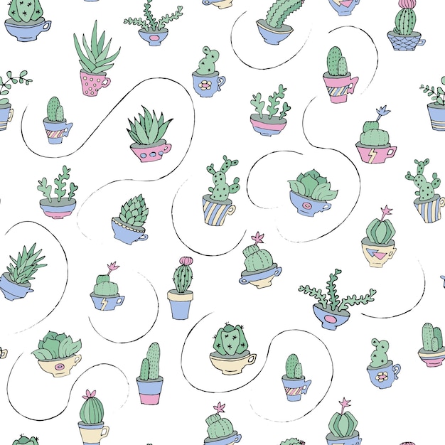 Vector diferente cactus dibujado a mano en estilo mexicano doodle suculento en la olla patrón sin costuras