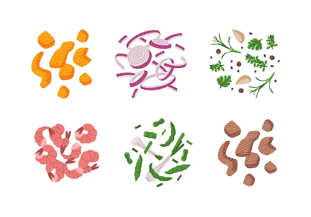 Diferente conjunto de ilustraciones vectoriales de ingredientes de alimentos asiáticos de Wok cocina china y culinaria