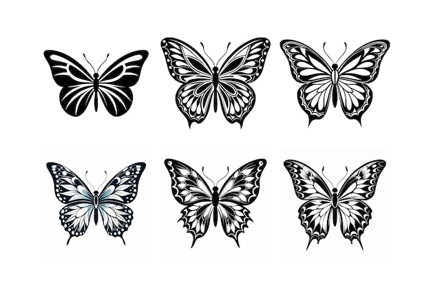 Diferente conjunto de mariposas decorativas tipo de logotipo e ilustración vectorial de linocuto