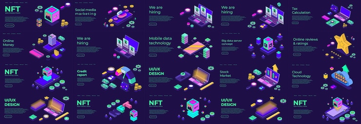 Vector diferente escena isométrica dispositivo digital 3d nft informe de crédito tecnología en la nube banca en línea datos móviles revisión en línea ui ux dedign estamos contratando concepto de ilustración vectorial