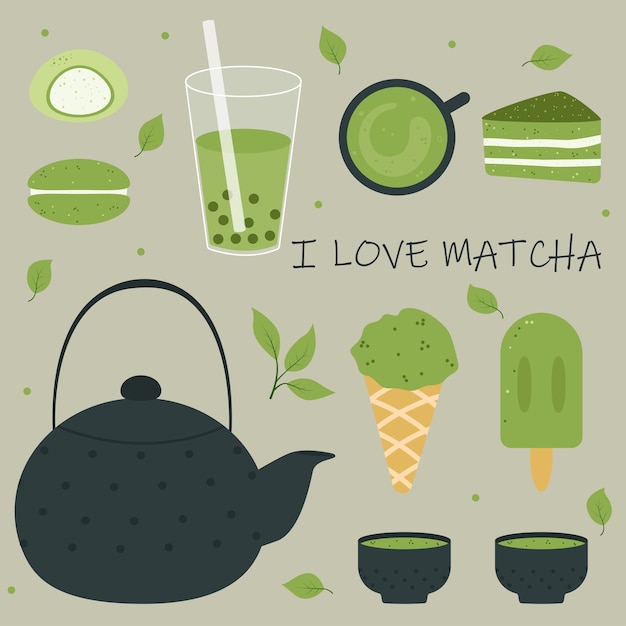 Diferente ilustración de comida sabrosa matcha. productos de té matcha té Mochi pastel de té hojas de té helado