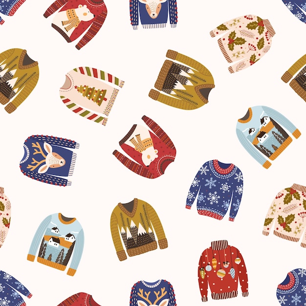 Diferente suéter de Navidad feo de lana de patrones sin fisuras aislado sobre fondo blanco. Varios jerseys de géneros de punto de invierno con ilustración plana de vector de imagen acogedora de Navidad. Ropa de abrigo colorida.