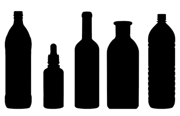 Diferentes 5 botellas set silueta vector aislado en botella de vinagrera de concepto de contenedor de líquido blanco