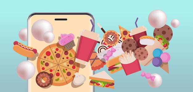 Diferentes alimentos chatarra en la pantalla del teléfono inteligente nutrición malsana adicción a la comida chatarra detener el concepto de comida rápida ilustración vectorial horizontal