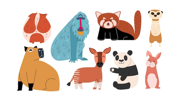 Diferentes animales silvestres establecidos Ilustración colorida para bebés Vector