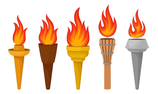 Vector diferentes antorchas con un conjunto vectorial de fuego brillantemente ardiente colección de elementos decorativos de antorchas