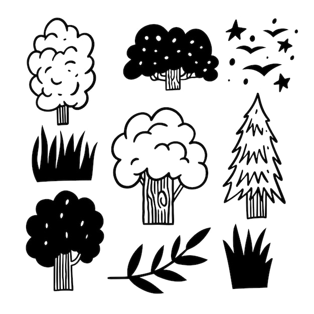 Vector diferentes árboles dibujados a mano al estilo de los dibujos animados