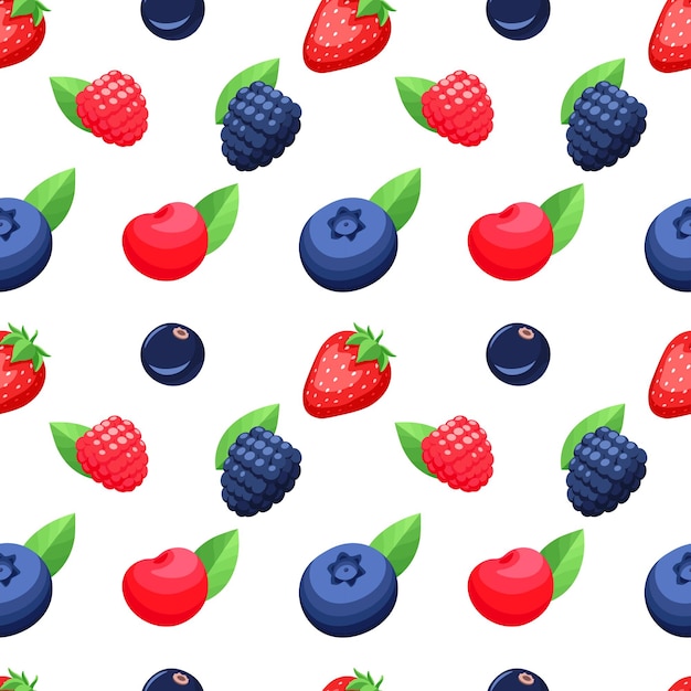 Diferentes bayas de patrones sin fisuras sobre fondo blanco Bayas con hojas verdes en estilo colorido vector de dibujos animados Fresa frambuesa arándano cereza Dulce