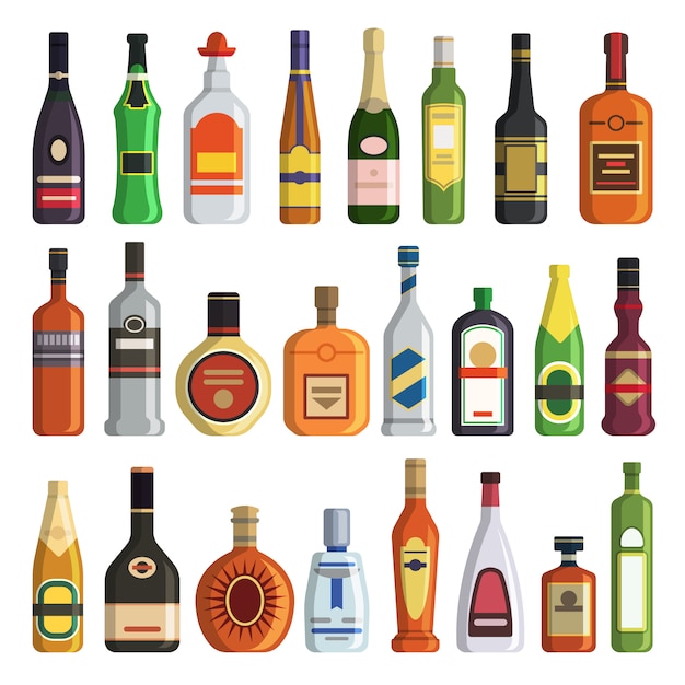 Diferentes bebidas alcohólicas en botellas.