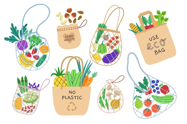 Diferentes bolsas ecológicas de algodón estilo de vida verde cero residuos compradores reutilizables frutas y verduras en bolsas de lona redes conjunto de vectores