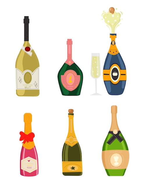 Vector con diferentes botellas de champán de colores aisladas sobre un fondo blanco de diferentes formas y