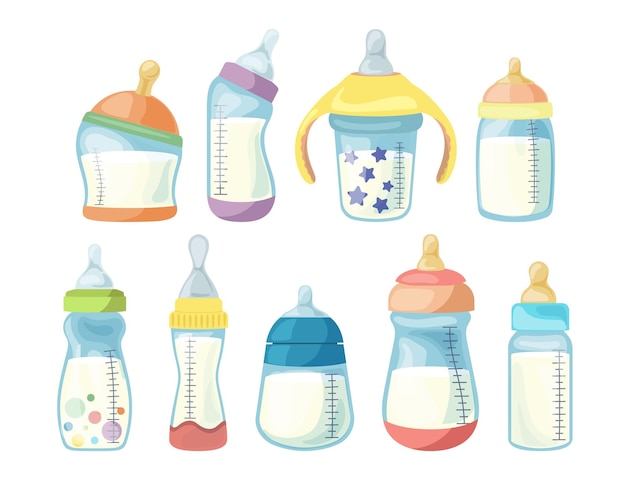 Diferentes botellas con pezones de chupete llenas de leche para alimentar a los niños conjunto de ilustraciones vectoriales
