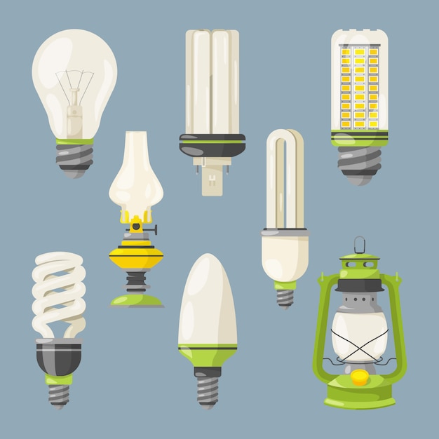 Diferentes bulbos. Símbolos de la luz en estilo de dibujos animados. Conjunto de ilustración vectorial de bombilla aislado