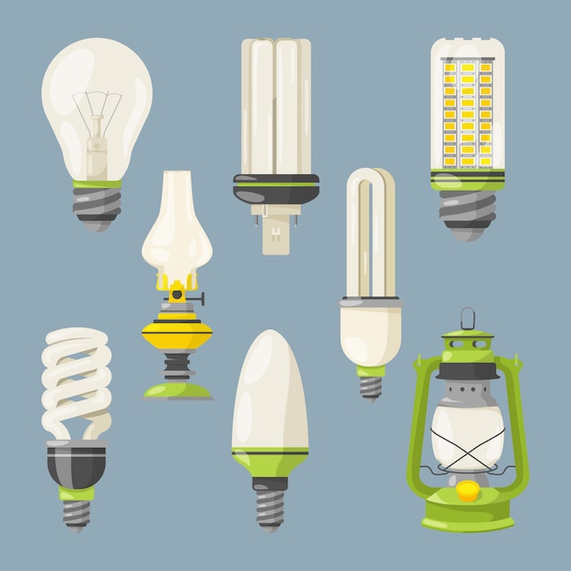 Vector diferentes bulbos. símbolos de la luz en estilo de dibujos animados. conjunto de ilustración vectorial de bombilla aislado