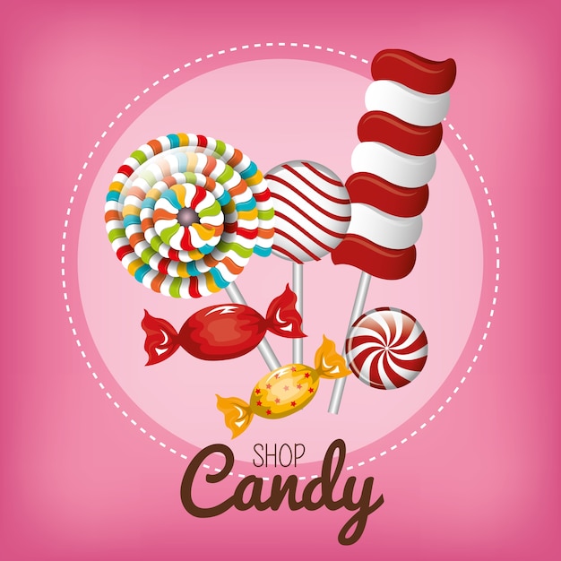 Diferentes caramelos dulces y diseño de piruletas