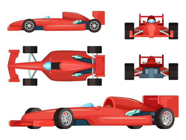 Diferentes caras de los coches deportivos. Ilustración del vector aislado. Fórmula de velocidad del coche