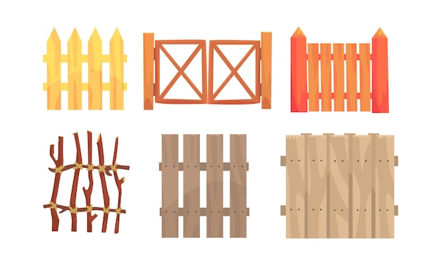 Vector diferentes cercas de madera colección campo elementos del paisaje rural ilustración vectorial