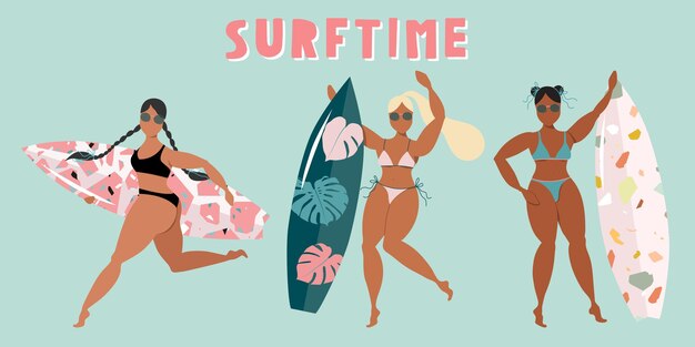 Diferentes chicas con tabla de surf. Mujeres con tabla de surf. Surfista femenina bronceada con terrazo