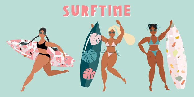 Vector diferentes chicas con tabla de surf. mujeres con tabla de surf. surfista femenina bronceada con terrazo