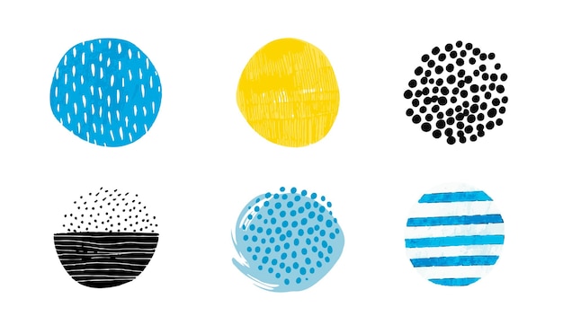 Diferentes círculos de textura establecidos pintados a mano y puntos patrón gráfico azul amarillo colores negros
