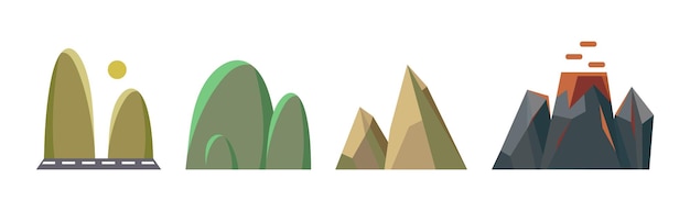 Diferentes colinas y montañas con un conjunto de vectores planos de pico alto