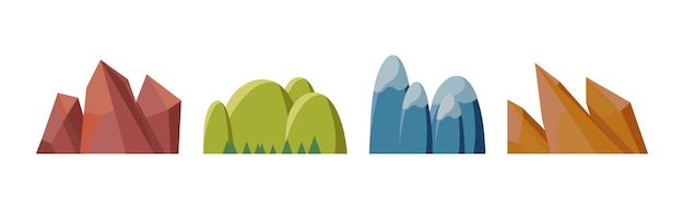 Diferentes colinas y montañas con un conjunto de vectores planos de pico alto