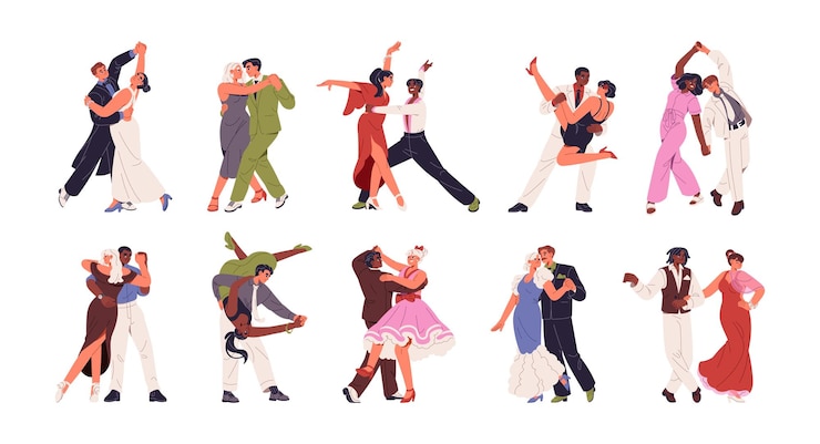Vector diferentes conjuntos de bailes la gente actúa con vals tango argentino salsa las parejas se mueven según la música las parejas muestran swing foxtrot zouk en la competencia ilustraciones vectoriales aisladas planas sobre fondo blanco