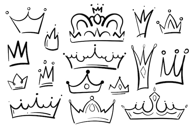 Diferentes coronas de garabateo Conjunto vectorial dibujado a mano Todos los elementos reales Rey reina príncipe de lujo